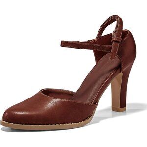 Women's Red-brown Chunky High Heels Closed Pointed Toe Ankle Strap Pumps Shoes